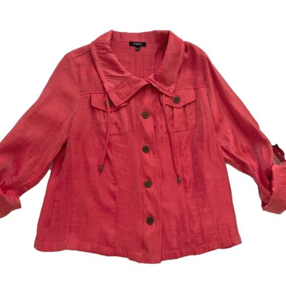 Elementz Blouse Jacket Shacket Orange Coral Shimmer Roll Tab Sleeves Large - Picture 13 of 13